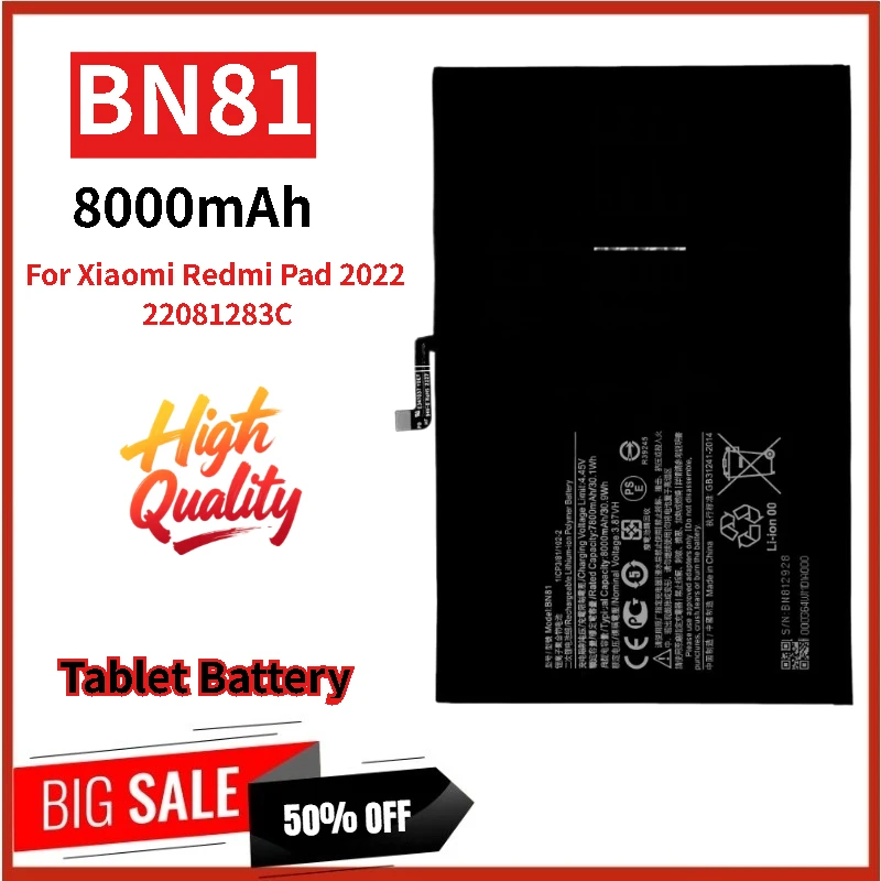

100% New High Quality BN81 3.85V 8000mAh Tablet Battery For Xiaomi Redmi Pad 2022 22081283C Replacement Battery