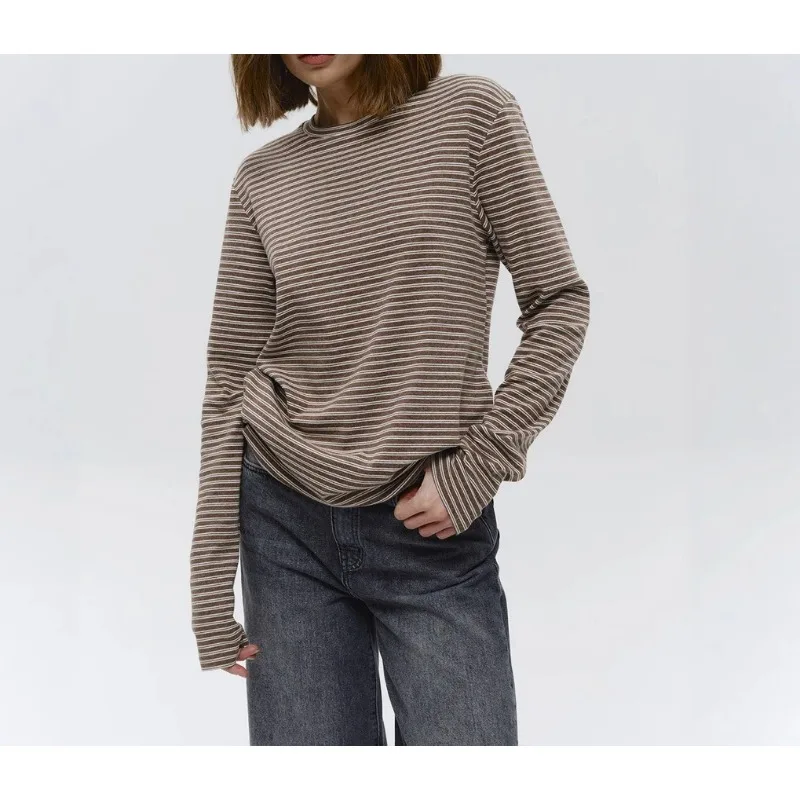 

Fall/Winter 2025 New Long-sleeved Striped T-shirt Slim-fitting Crewneck Cotton Base Shirt Long-sleeved Shirt for Women