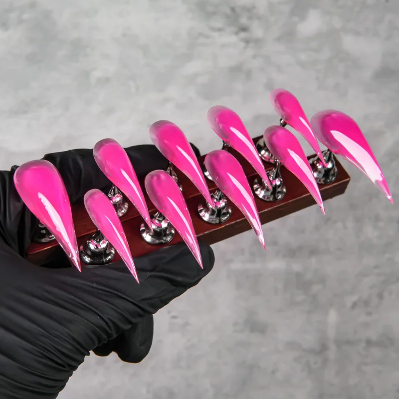 Handmade Extra Long Stiletto Press On Nails Jelly Hot Pink Transparent Glossy Solid Color Reusable False Nail Art