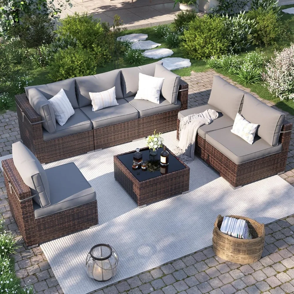 

Patio Furniture Set, 7-Piece Outdoor Sectional with Waterproof Cover, All-Weather Wicker Patio Conversation Sets for Backyard