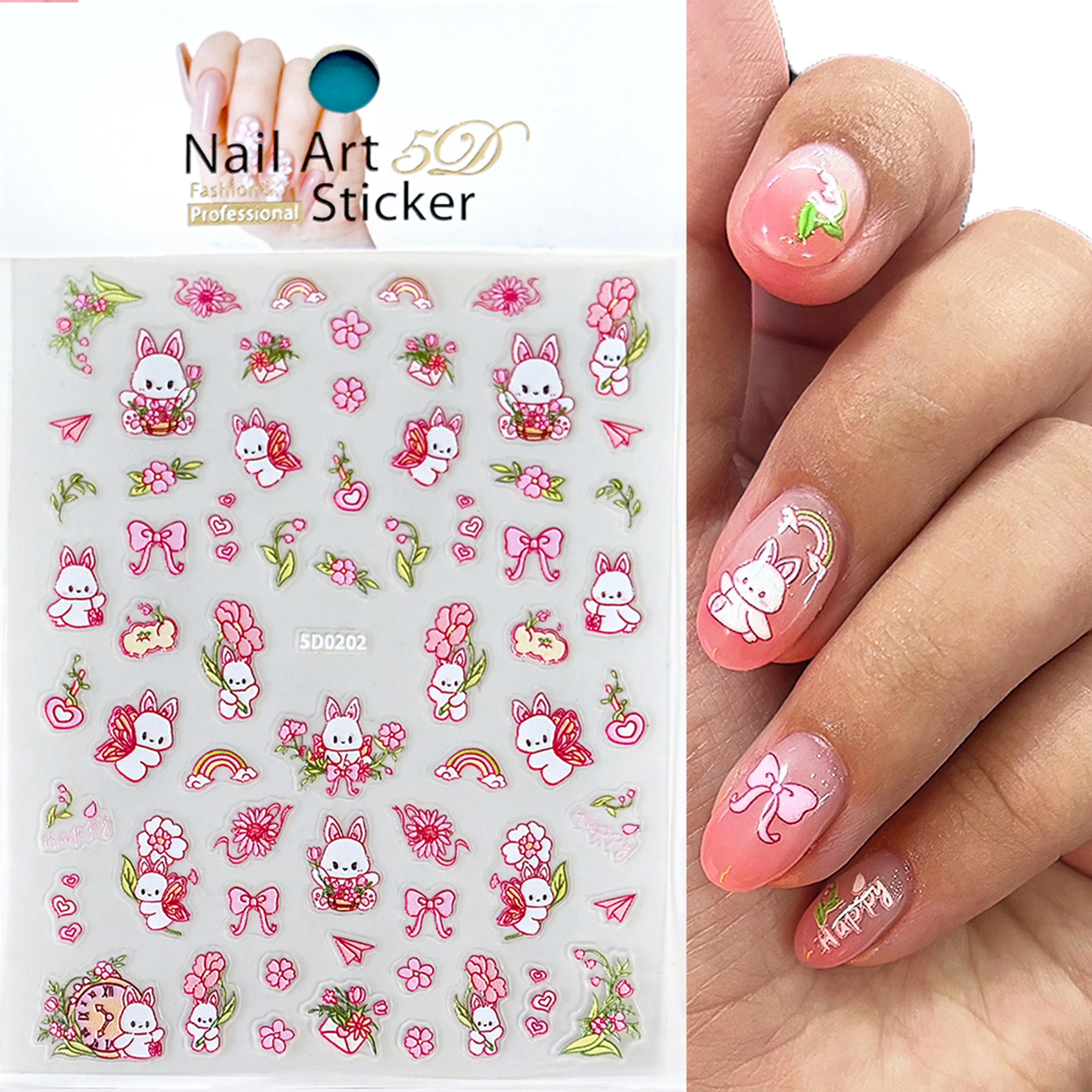 5D Rabbit Bowknot Rainbow Nail Art Stickers Kawaii Pink Cartoon Bunny Heart Flower Grass Embossed Nail Decals Manicure Sliders##