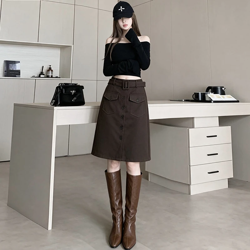 Business Commute Fashion High Waist A-Line Skirt Single Button Midi Workwear Skirt Skin-friendly Breathable Polyester Fiber