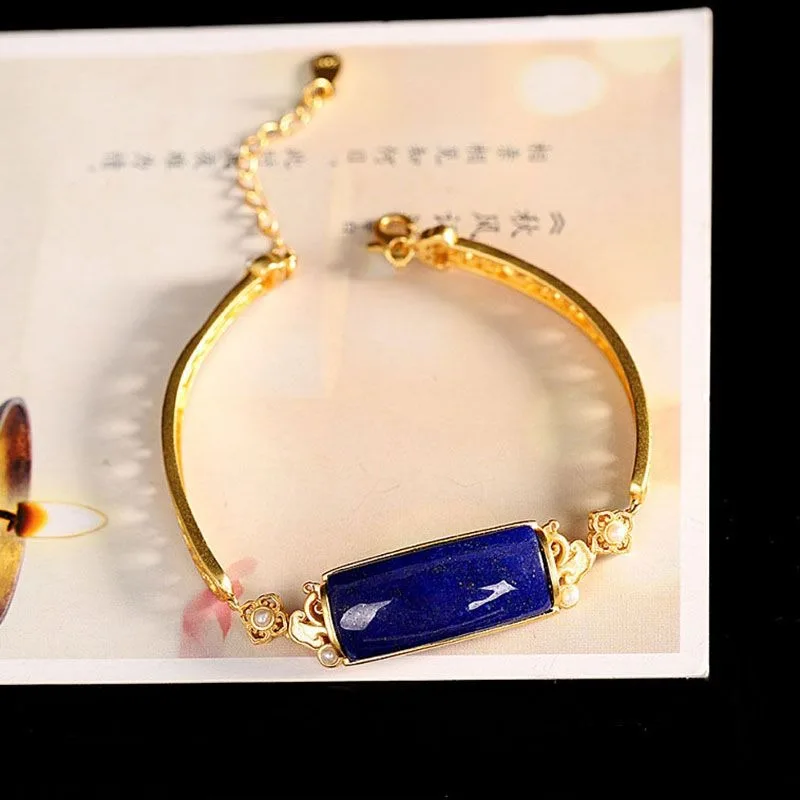 

Original design inlaid pearl elegant and exquisite blue bangles Ancient gold crafts lapis lazuli bracelet for women jewelry