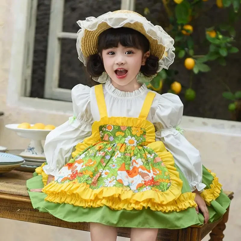 Ins Girls لوليتا ربيع الموضة كم طويل زهرة فستان الأميرة فتاة صغيرة فستان عيد ميلاد عيد الفتيات فستان الحفلات الحلوة