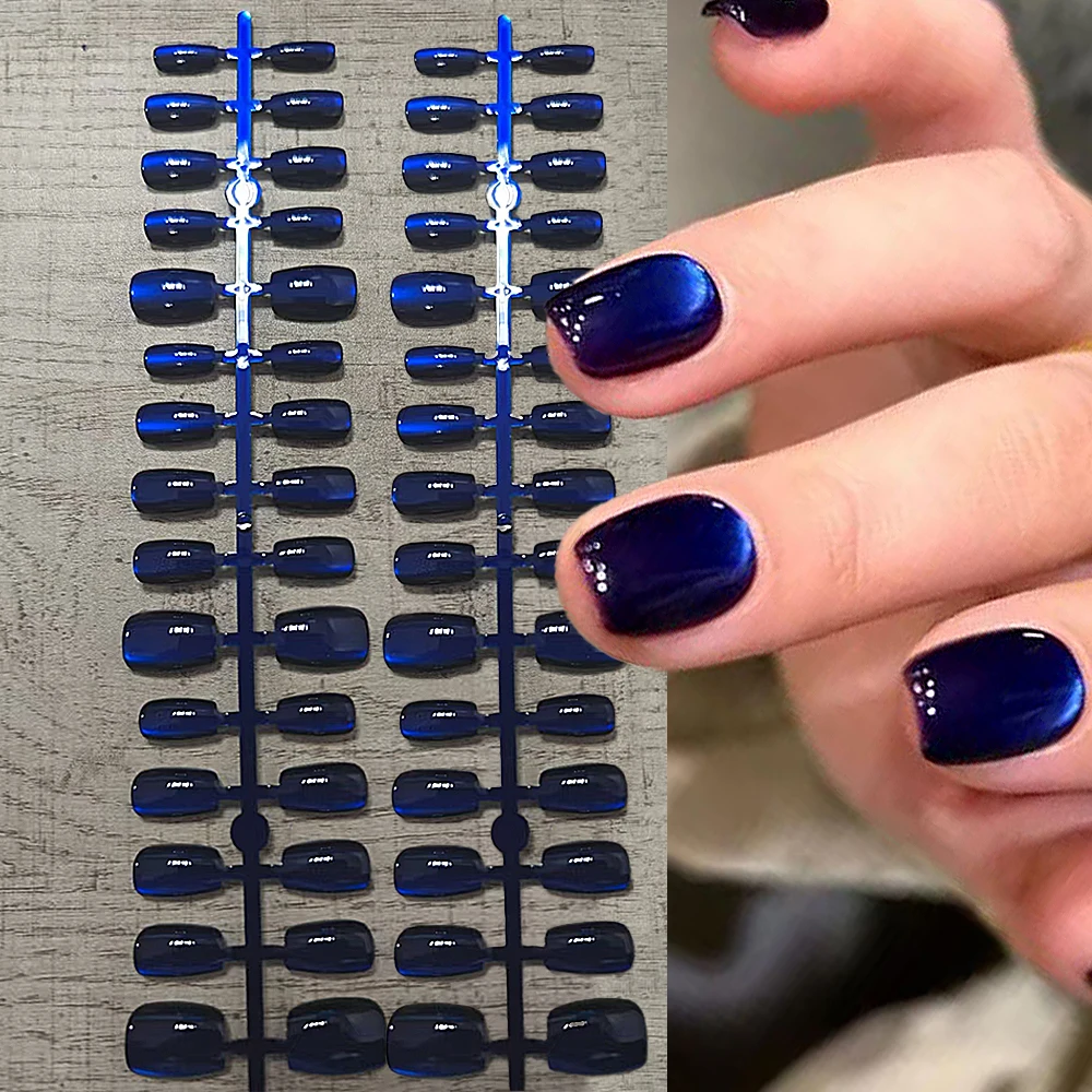 30개 클라인 블루 캣아이 가짜 손톱 짧은 사각형 광택 캣 마그네틱 프레스온 네일 크리스마스 착용 가능한 아크릴 인조 손톱 팁&