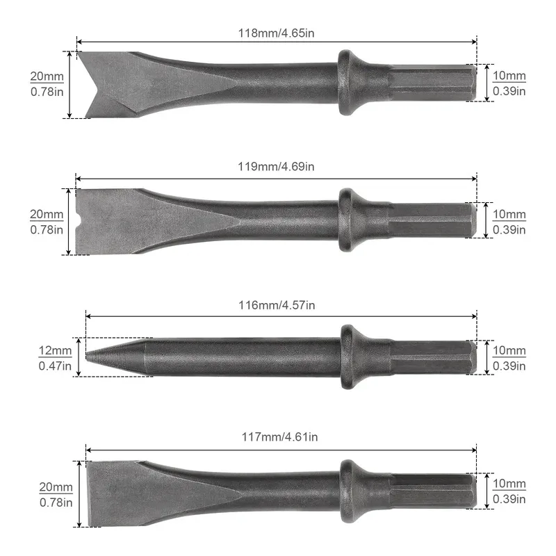 Conjunto de cinzel de martelo de ar, 4 unidades, haste hexagonal, cabeça de impacto de ar resistente para remoção de ferrugem, acessórios de ferramentas pneumáticas de corte