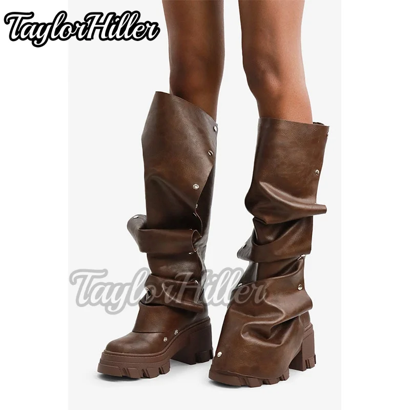 

Brown Pleated Boots Rivets Botas Round Toe Women Luxury Designer Shoes Knee-high Solid Zapatos De Mujer Autumn Winter Tacones