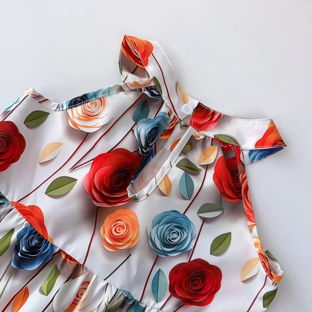 صيف جديد 3-7 سنوات فتاة عطلة السببية ثلاثية الأبعاد الأزهار طباعة الرسن فستان الأميرة 1 قطعة النسخة الكورية موضة الاطفال الملابس الحلوة