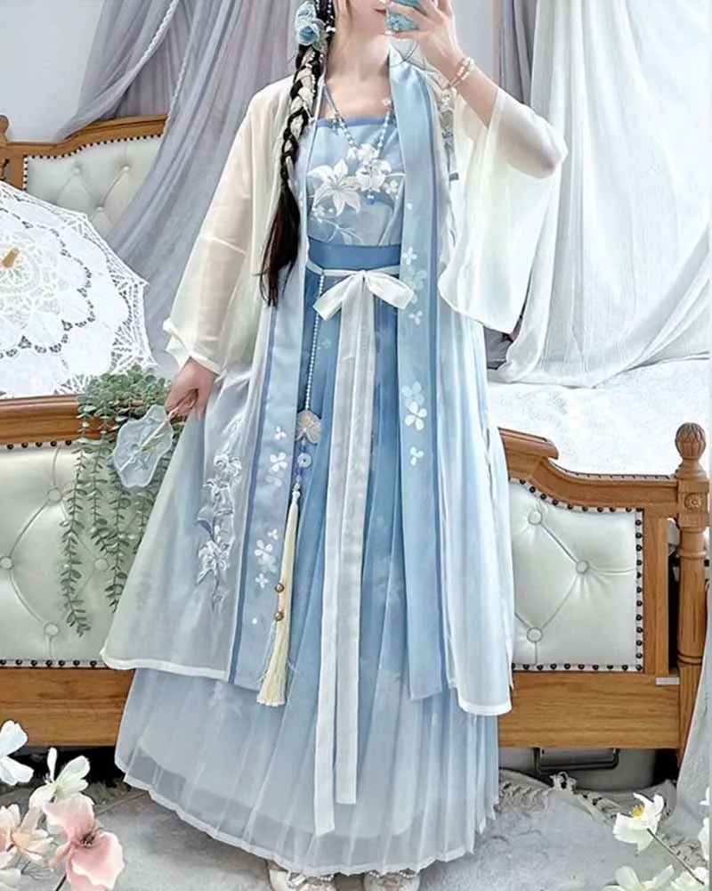 Plus Size 8XL Hanfu Dress Women Ancient Chinese Hanfu Sets Oversized Cosplay Costume Vintage Light-blue Hanfu Party Dress 6XL