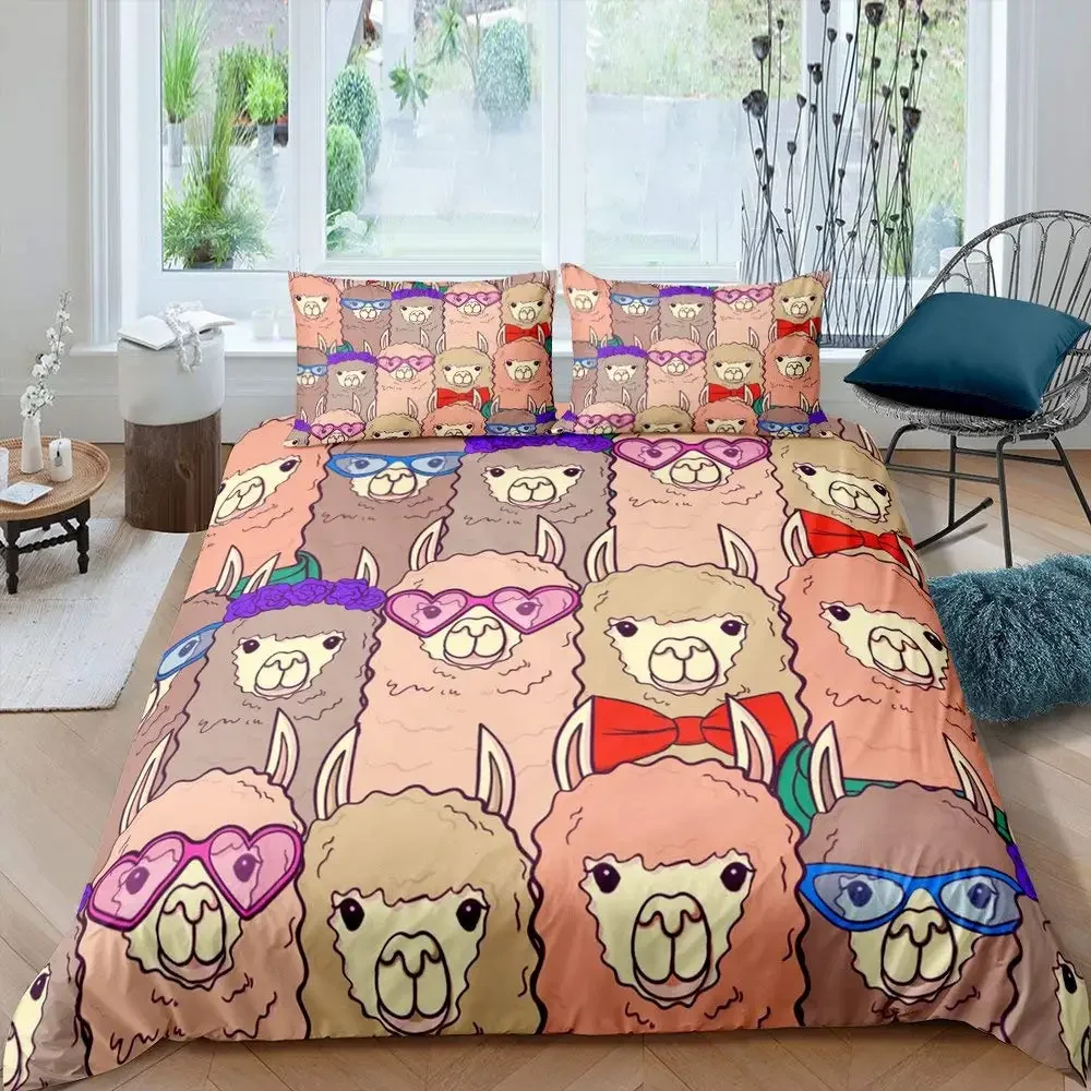 Cartoon Llama Alpaca Bedding Sets for Kids Boys Girls Floral Quilt Cover Room Decor Bedroom Collection 3Pcs Queen King Full Size