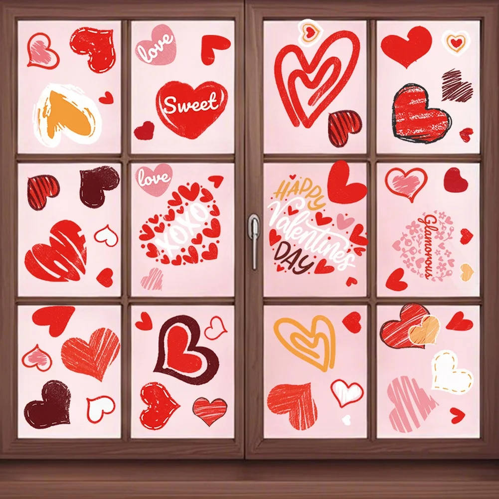 6 Piece Heart Window Clings Double-Sided for Valentine's Day Decoration Use on Smooth Glass Surfaces Indoors Outdoors