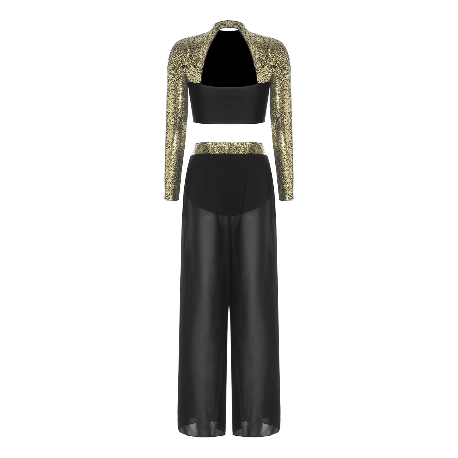 Women Lyrical Dance Set Ballet Jazz Latin Dance Costume Long Sleeve Sequin Crop Top with Sheer Mesh Side Slit Dance Pants Outfit image 4