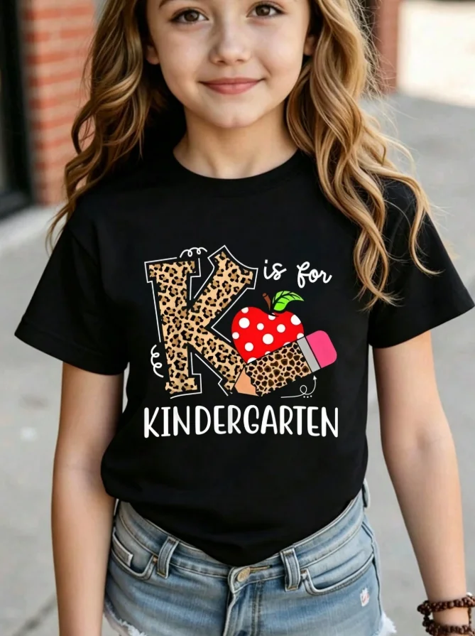 Young Girl's Leopard Print "K Is For Kindergarten" Kids T-Shirt, Back To School