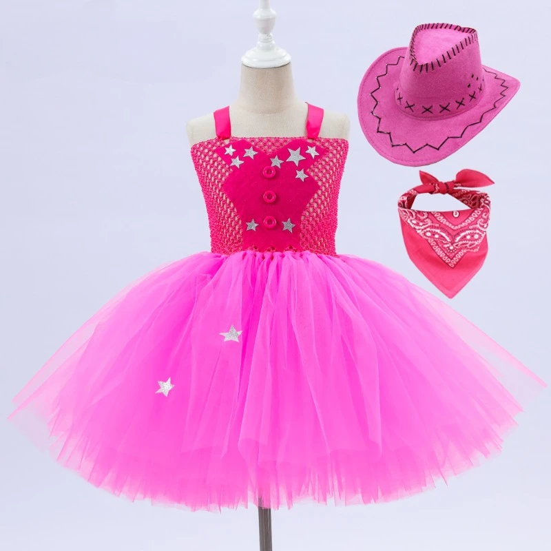 2023 New Movie Dress Same Pink Plaid Mesh Suspender Dress Children's Halloween Performance Dress 2-8 Year Old Christmas Clothing