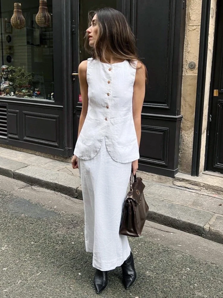 Conjunto de dos piezas de falda larga de cintura alta para mujer, conjunto de camisa sin mangas de un solo pecho, traje de otoño e invierno, 2023