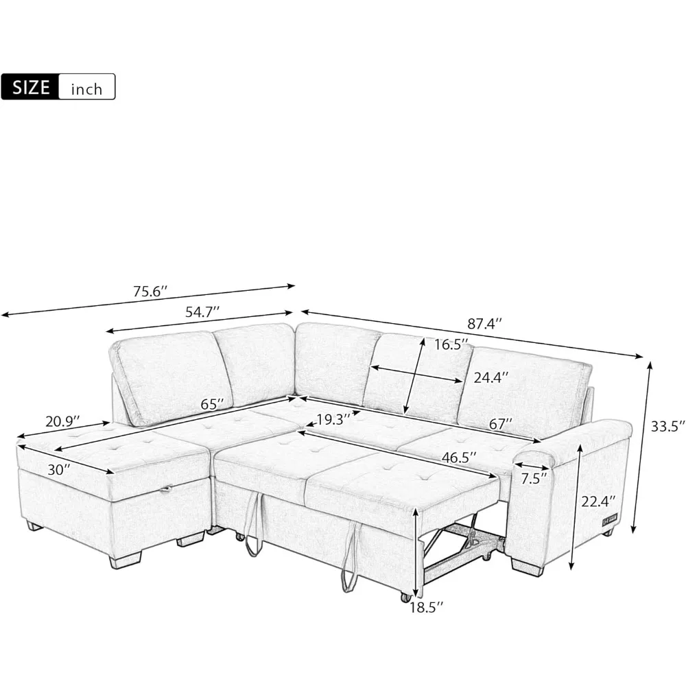 L-Shape Sleeper Sofa Bed with Storage Ottoman & Hidden Arm Storage, 85Inch Sectional Corner Couch Sofa-Bed，Sofa Bed