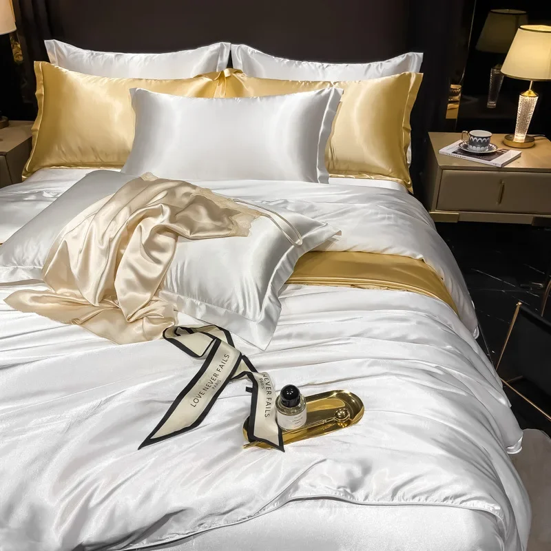 

Real 100% Silk Bedding Set Luxury White Duvet Cover Set Fitted Flat Bed Sheet Pillowcase Natural Skin Friendly Bedding Sets