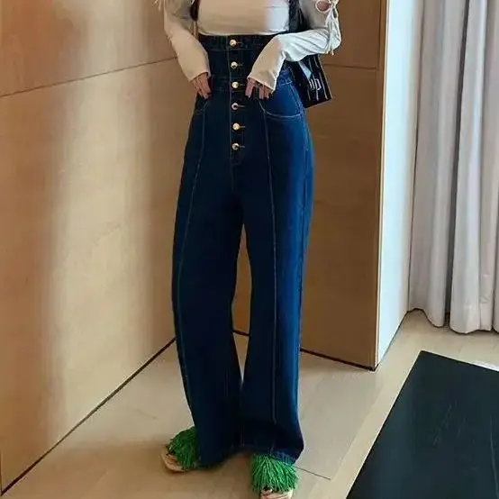 

spring 2024 fashion high waist single-breasted up Women's Wide leg jeans baggy woman denim Pants jean Joker loose straight pants