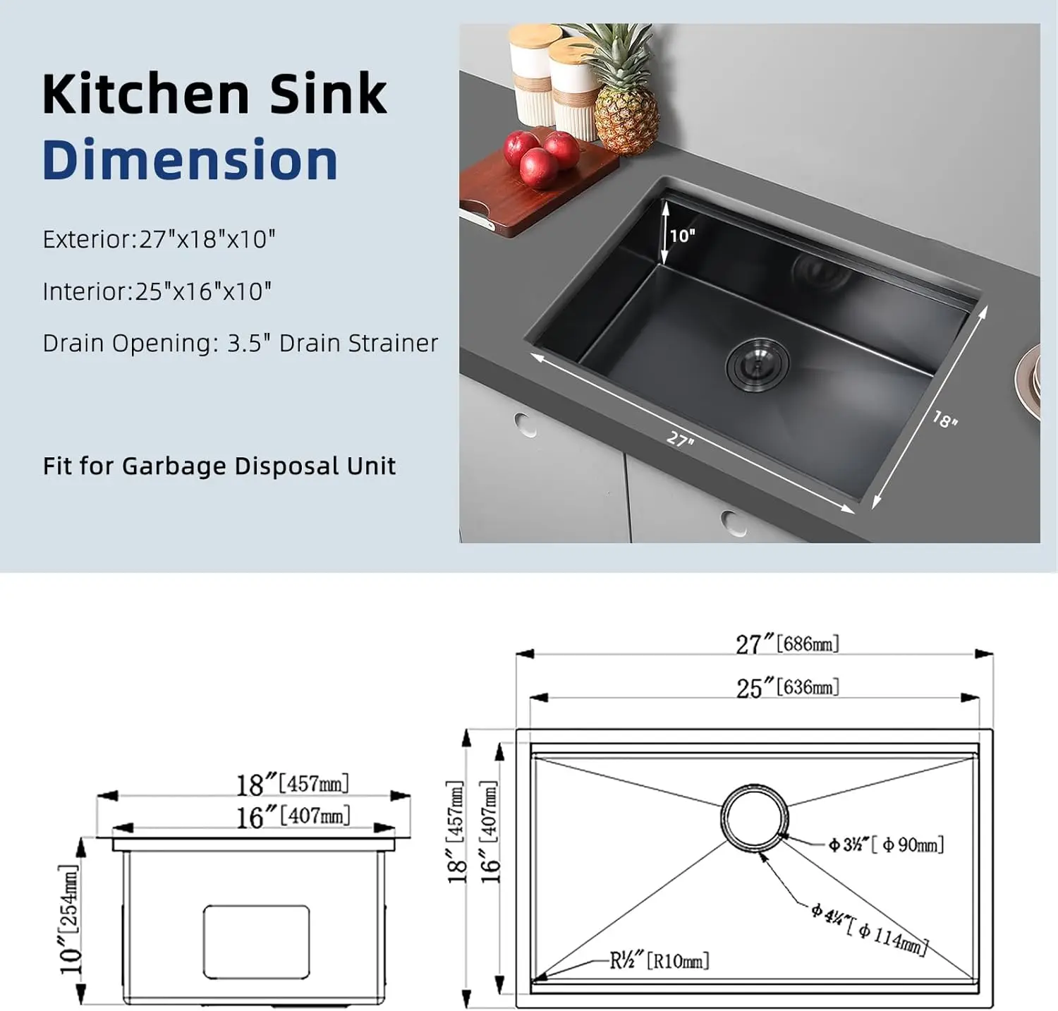 Davivy wastafel dapur bawah gunung, wastafel hitam 27 inci, 27x18x10 hitam stasiun kerja, 16 pengukur Gunmetal hitam Stainless