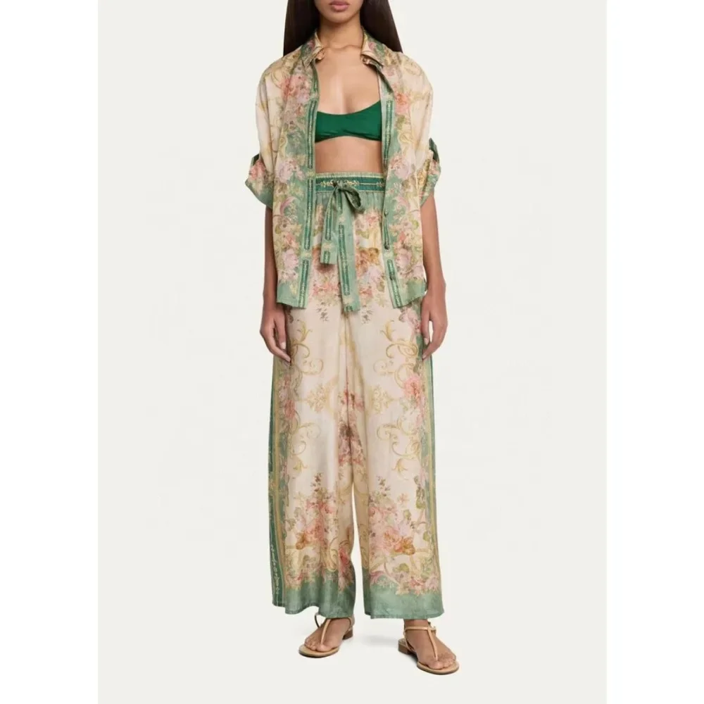 2024 New Australian niche spring/summer new trendy vacation style green retro printed shirt+pants set two-piece set