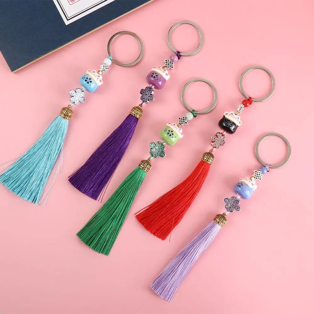 Chinese Knot   Animal Cat Key Ring Random Tassel Weaving Key Chains Lucky Cat Keychain Lucky Cat Keyring Key Holder