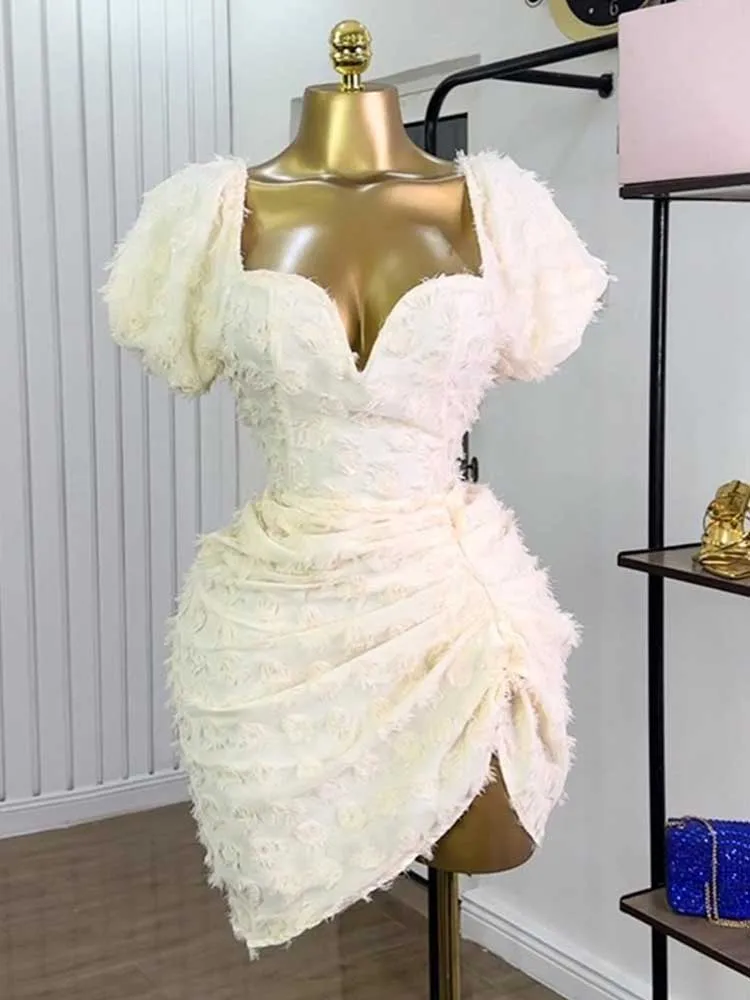 

High Waist Dresses for Women Puff Sleeves Draped Dress Short Square Collar V Neck Sexy Classy Dress Wholesale Dropshipping