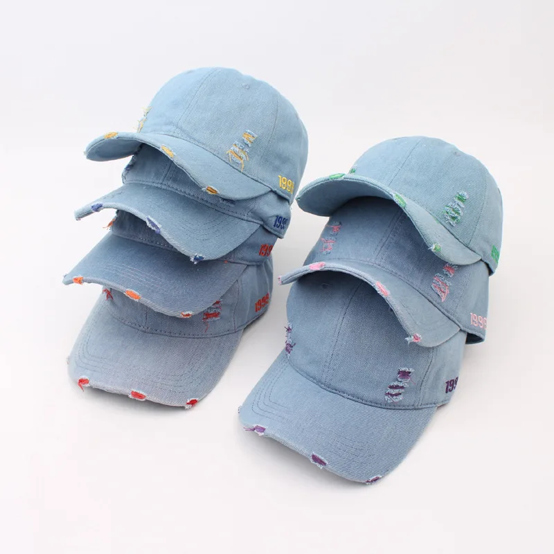 Spring/Summer Denim Distressed & Ripped Snapback Cap Versatile Casual Curved Brim Baseball Hat