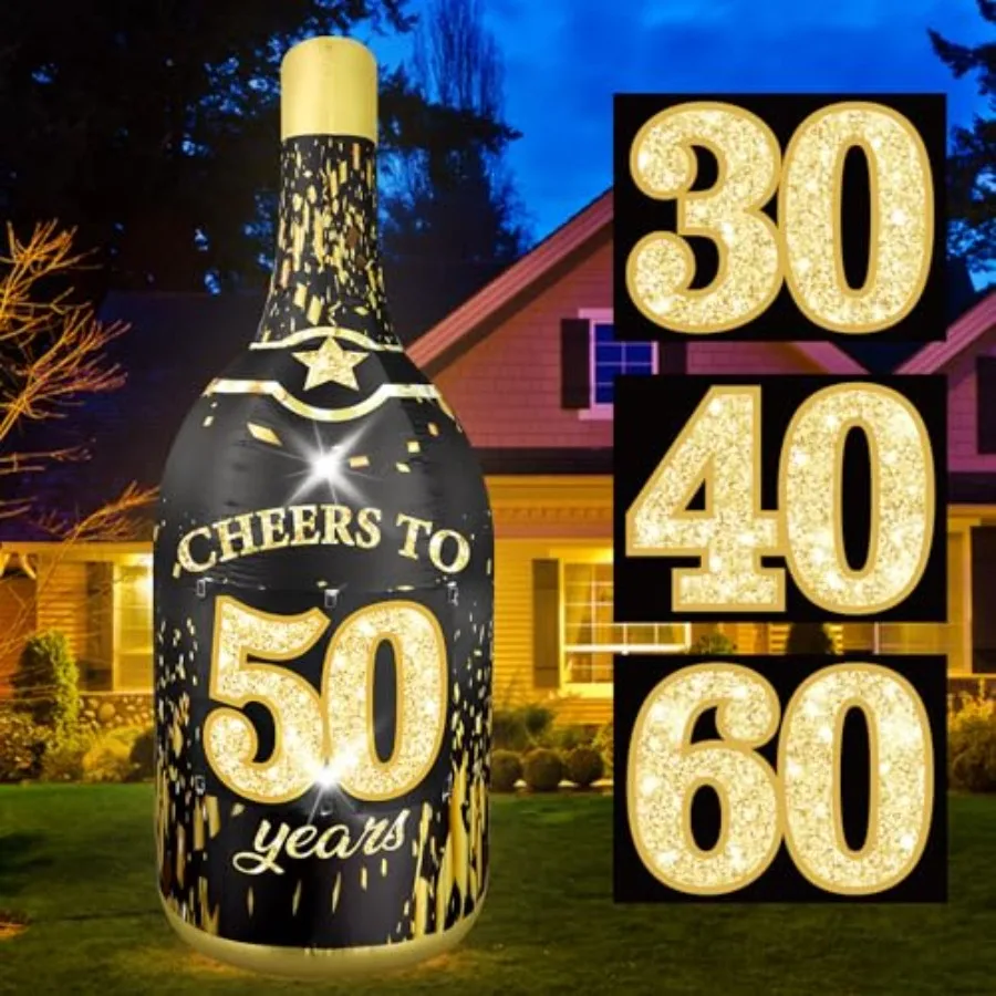 

6FT Inflatable Champagne Bottle for Outdoor Party Yard Decoration, Black Gold Color, Light Up Feature, Includes 4 Interchangeab