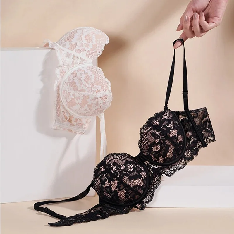 2 Pcs Sexy Lace Bra Set Underwire Push-up 1/2 Cup Trendy Floral Print Comfortable Underwear for Women Female Brassiere