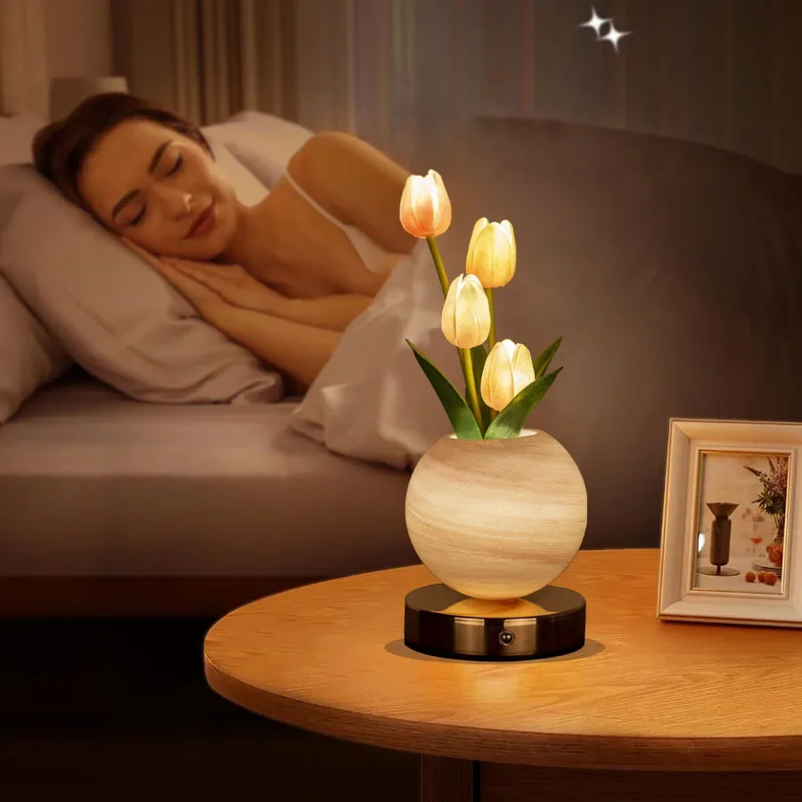 Tulip LED Night Light USB Rechargeable Desk Decor Lamp Table Lamp Bedroom Bedside Room New Year's Christmas Decorations