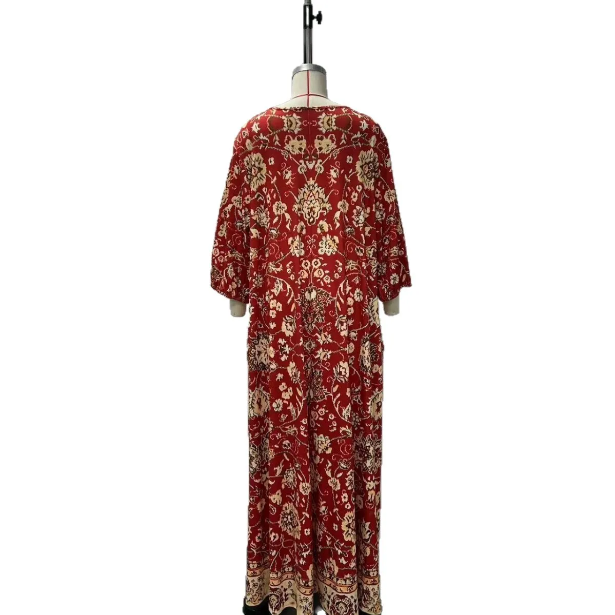 Primavera e outono vestido feminino moda casual com decote em v meados de manga floral macacão vestido longo