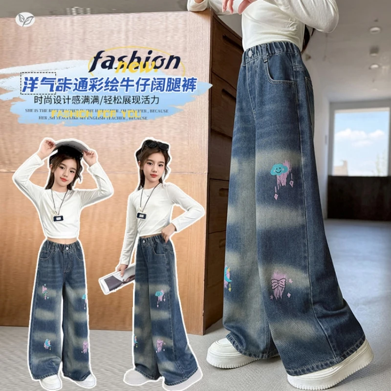 

Girls' Printed Denim Jeans. Cartoon Denim Wide-Leg Pants. New Arrival for Autumn 2025. Children's Denim Long Pants. Trendy