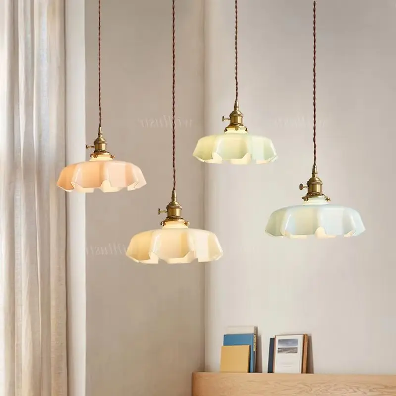 

Glass Flower Pendant Lamp Copper Ceiling Chandelier Hotel Cafe Bar Aisle Bedside Blue Green Yellow Pink Hanging Suspension Light