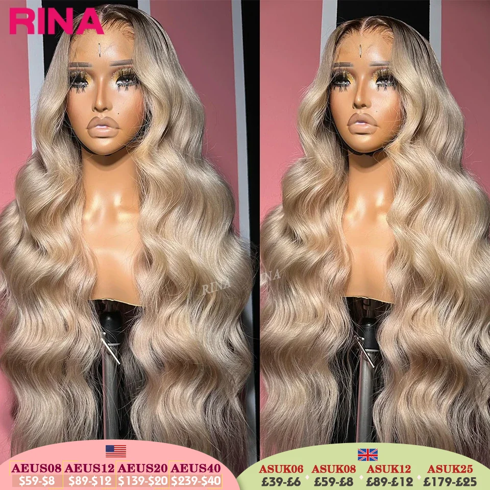 13x6 Ombre Blonde With Root Цветные парики фронта шнурка для женщин Человеческие волосы Объемная волна Ombre Пепельно-русый парик фронтальной части шнурка