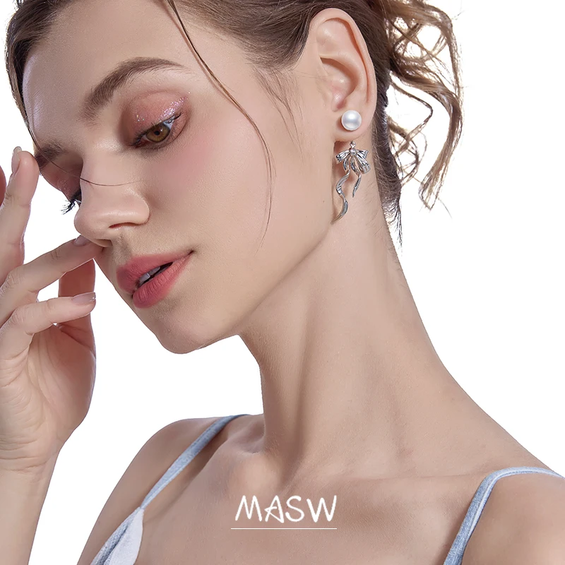 MASW Original Design Sweet Temperament Simulated Pearl Bowknot Earrings For Women Girl Gift Fashion Jewelry Popular Style