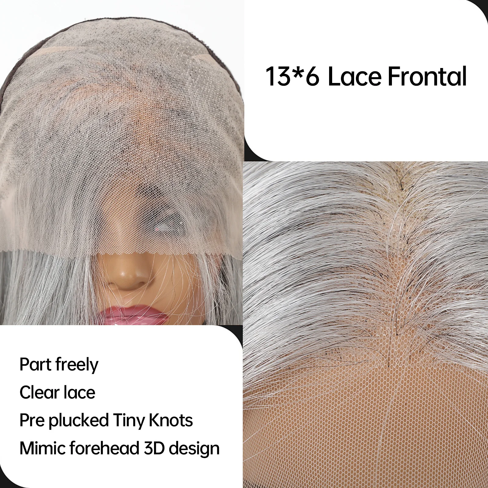 DWY Gray Straight Synthetic Lace Wigs Long Straight Gray Wigs for Women Natural Hairline 13*4 Lace Frontal Wigs for Daily Party