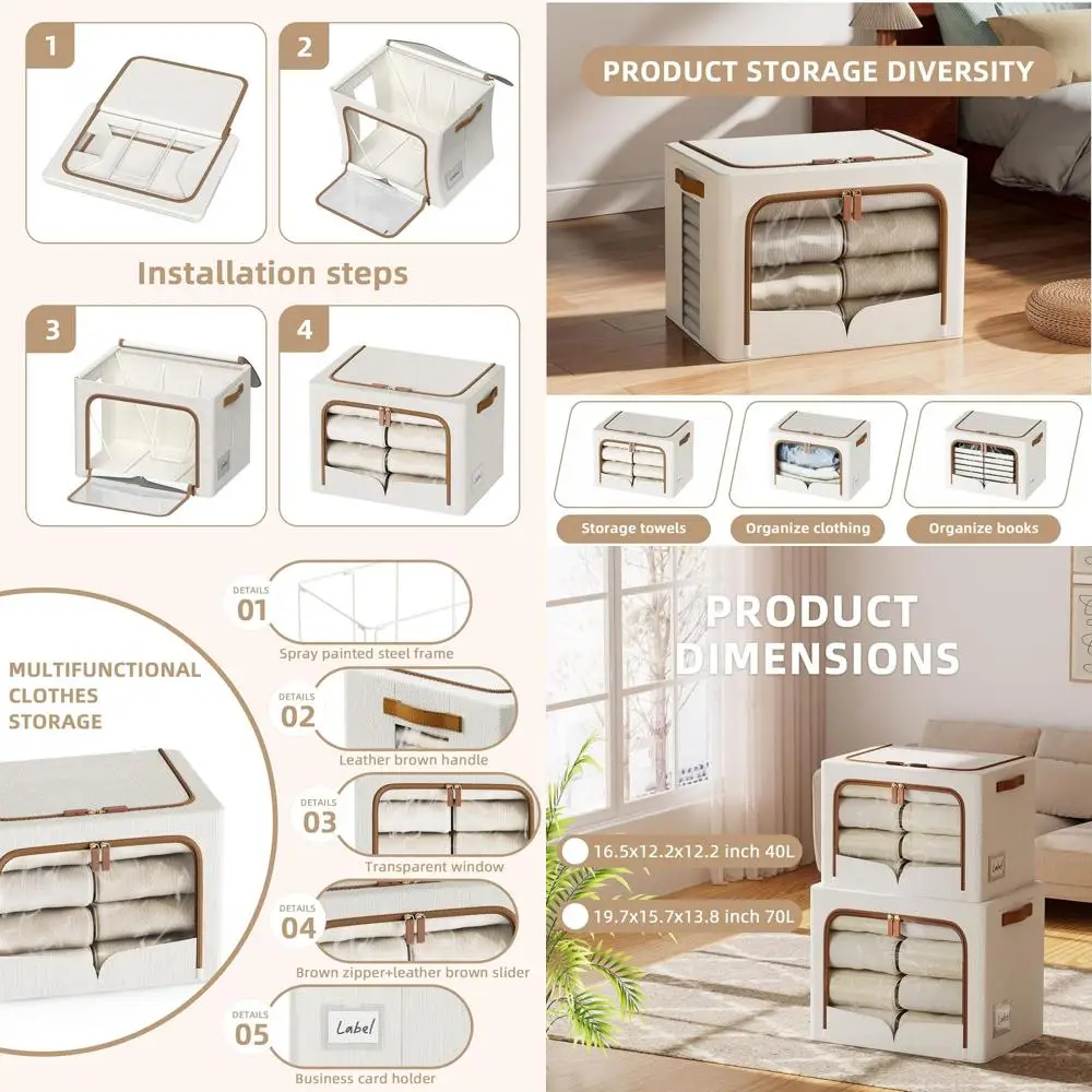 

Collapsible Fabric Storage Bins with Metal Frame for Clothes, Cream White, 19.7x15.7x13.8 inches