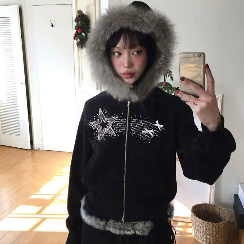 Retro Y2K Millennium Spicy Girl Hooded Zipper Short Sweatshirt Women Lightweight Cultural Long Sleeve Top Fur Collar