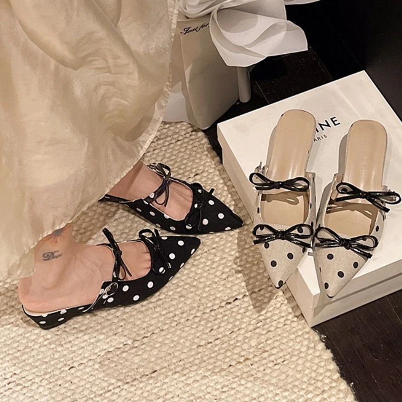 Pointed Toe Women Bow Wedges Slippers Heeled Shoes Dress Party Sandals Elegant Pumps Walking Slides Trend Mujer Zapatos view 5