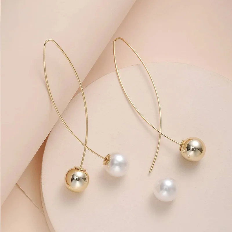 New Pearl Ball Pendants Dangle Earrings Round Metal Drop Women Earrings Cross Wire Fish Shaped Earrings Charming Ear Jewelry