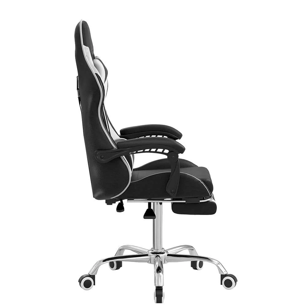 كرسي ألعاب مستلق من الجلد الصناعي قابل للتعديل بارتفاع مريح كرسي ألعاب باللون الأسود مع مسند للقدمين ودعم قطني #5