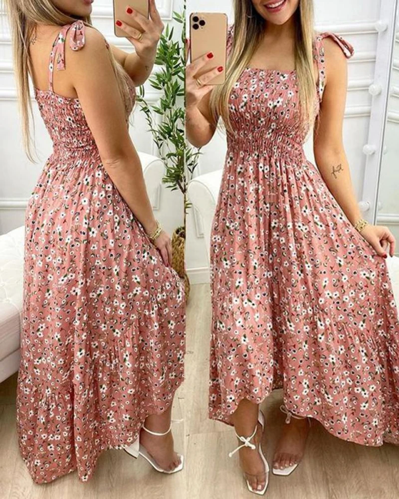 Summer Sexy Spaghetti Strap Floral Print Maxi Dress For Women 2024 Casual Elegant Chest Wrap Long Woman Beach Dress Holiday