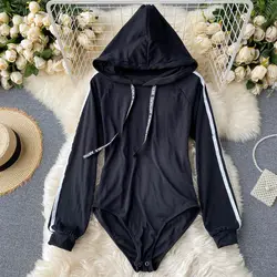 Hooded Sweater Conjoined Long Sleeved T-shirt Women Contrasting Colors Slim Appear Thin Design Sense Solid Color Underlay Tops