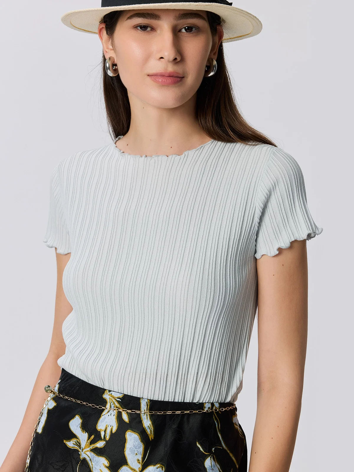 

Acetate Knitted Top ort Sve Cool Feeling Wave Casual Sle Women's T-irt Stand Fit Summer Faion