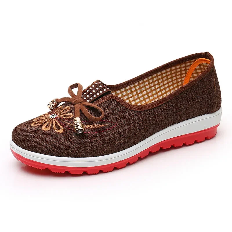 Women Fashion Bow Tie Brown Light Weight Anti Skid Flat Shoes Chinese Traditional Comfort Spring Summer Flat Shoes Zapatos A45