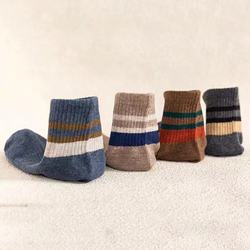 5 Pairs High Quality Men Autumn Winter Thermal Socks Cotton Fashion Thickened Casual Sweat Absorption Stripe Pure Color Socks