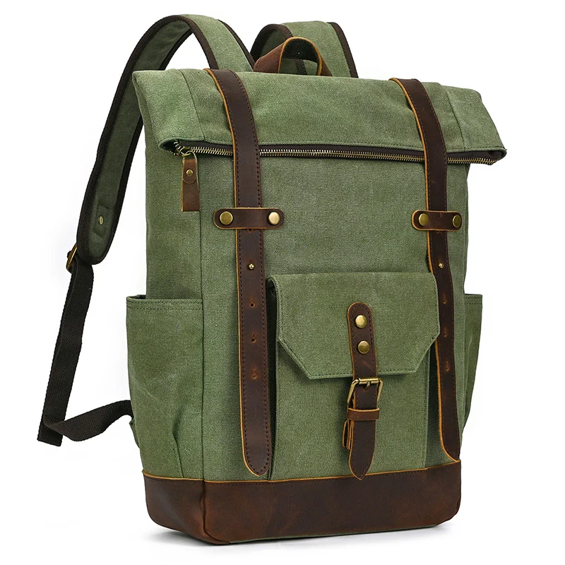 High Quality Leather Canvas Backpack Crazy Horse Leather Backpack For Mens Big Capacity Travel Bag Laptop Backpacks Army Green