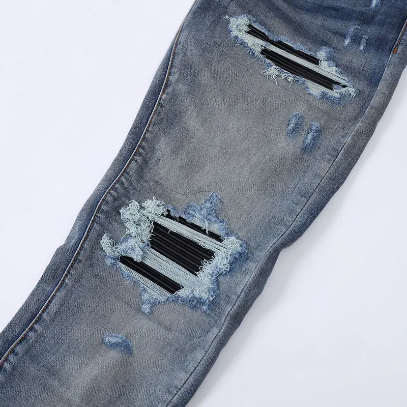 High Street Fashion Men Jeans Retro Washed Blue Stretch Slim Fit Patched Ripped Jeans Men Brand Designer Hip Hop Y2K Denim Pants
