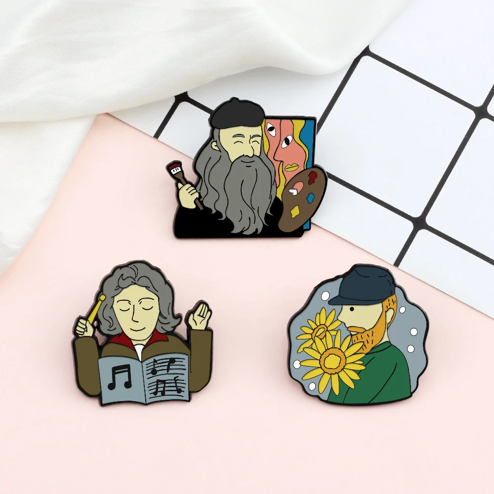 Cartoon Character Lapel Pins Beethoven Picasso Van Gogh Brooches Famous Artists Painters Musician Bag Enamel Badge Jewelry Gifts