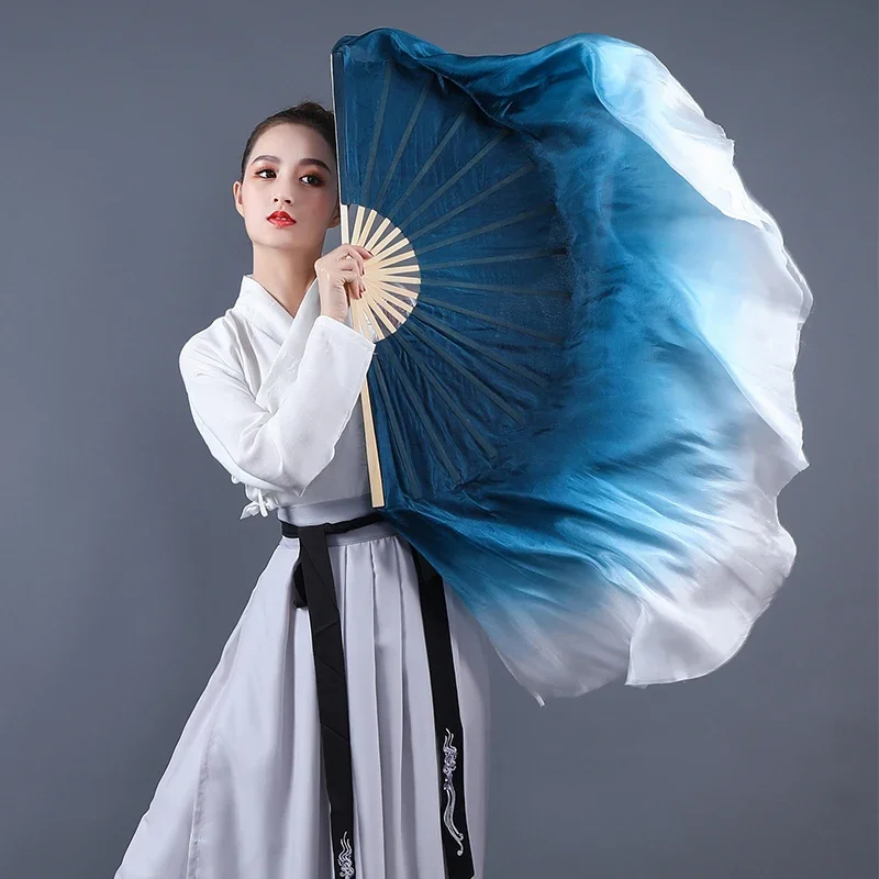 Classical Dance Fan Extended Simulated Silk Dark Blue Gradient Dyed Fan Folk Yangko Square Dance Performance Props